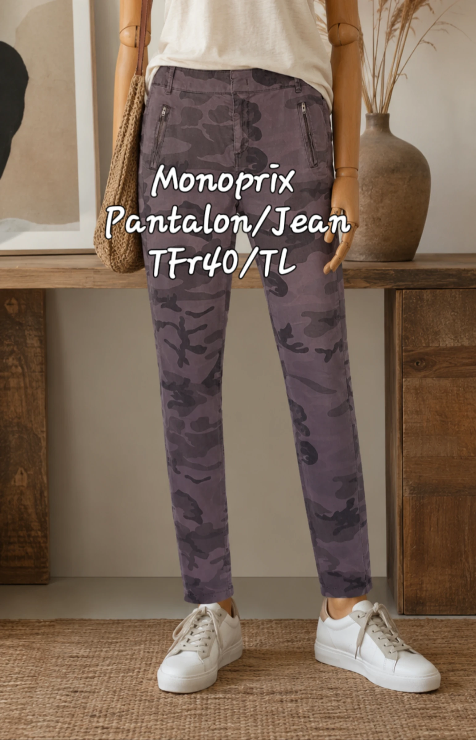 Monoprix Pantalon/Jean Skinny TFr40/TL -Impr. Militaire Gris&Taille mi-haute en TBE